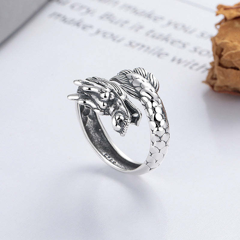 925 Sterling Silver Year Of The Dragon Luck Strength Adjustable Metal Ring