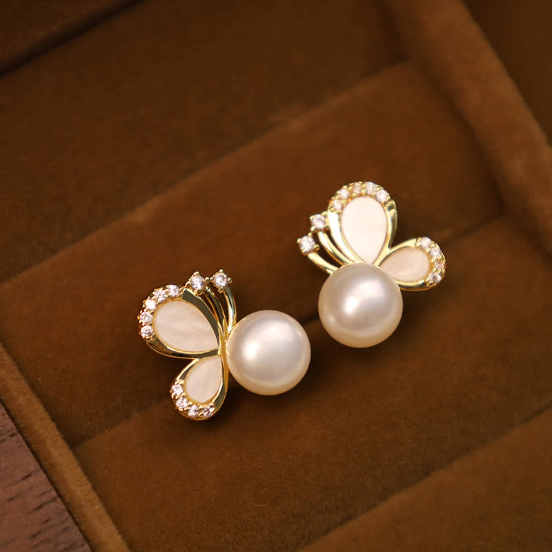 925 Sterling Silver Posts 18K Gold Plated Copper Natural Pearl Butterfly Zircon Healing Stud Earrings