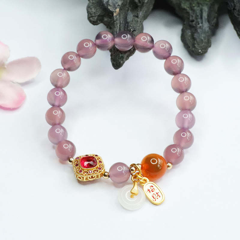 Natural Purple Chalcedony Candy Agate Peace Buckle Harmony Lucky Fortune Charm Bracelet