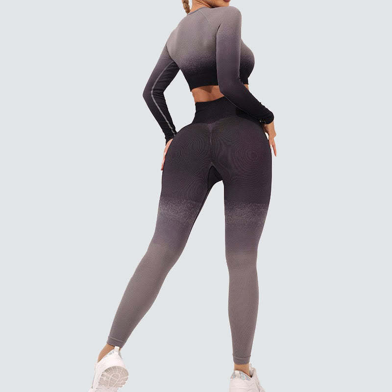 Gradient Long Sleeve Crop Top Tee Bra Leggings Pants Fitness Yoga Outfit
