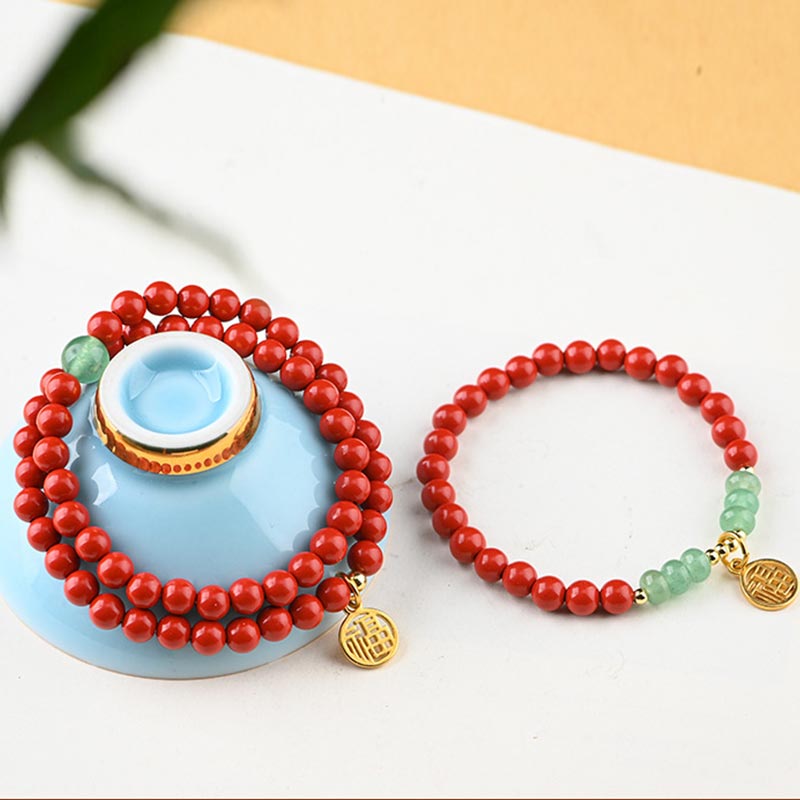 Tibetan Cinnabar Green Aventurine Luck Bracelet Necklace