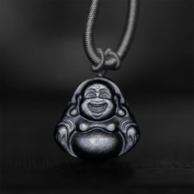 Natural Silver Sheen Obsidian Laughing mystic zen Protection Necklace Pendant