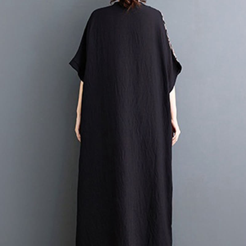Casual Loose Printing Dyeing Cotton Linen V-neck Half Sleeve Design Midi Dress With Pockets