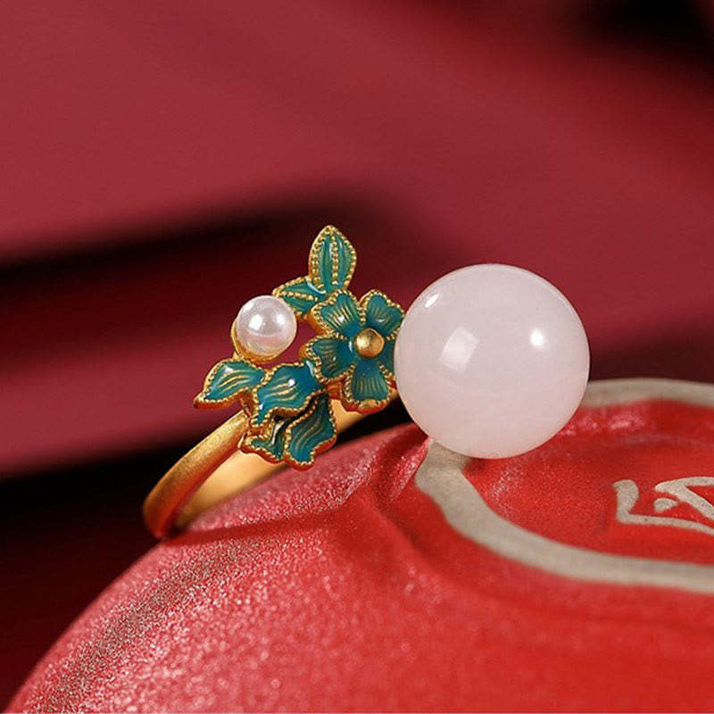 White Jade 925 Sterling Silver Pearl Flower Blessing Necklace Pendant Ring Earrings