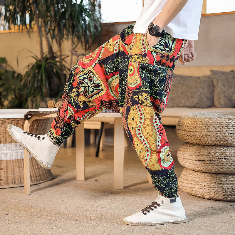 Red Gold Casual Leaves Print Cotton Men's Harem Pants With Pockets
