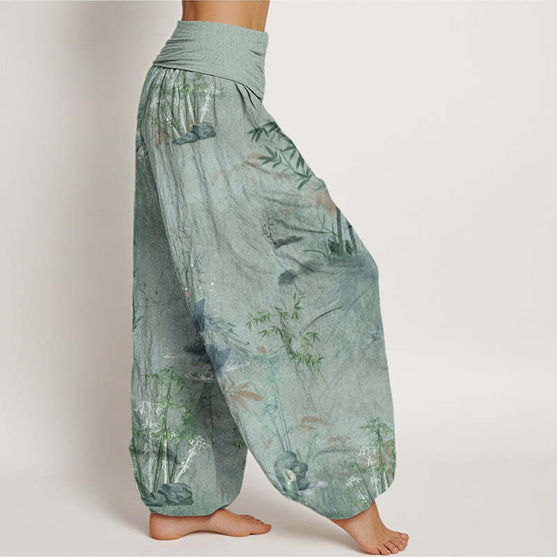 Casual Bamboo Rock Ink Painting Women's Elastic Waist Harem Pants