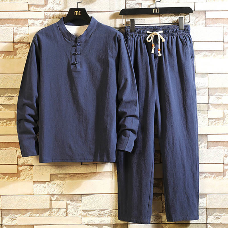 Tang Suit Pure Color Frog-Button Long Sleeve Shirt Pants Cotton Men's Suit