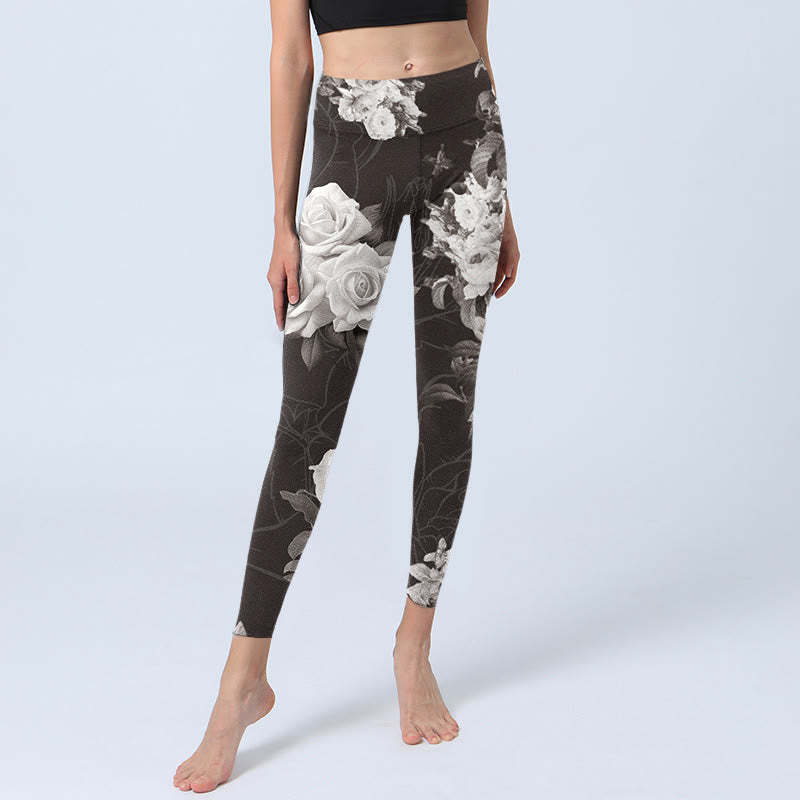 Gray White Rose Print Gym Fitness Leggings Women's Yoga Pants