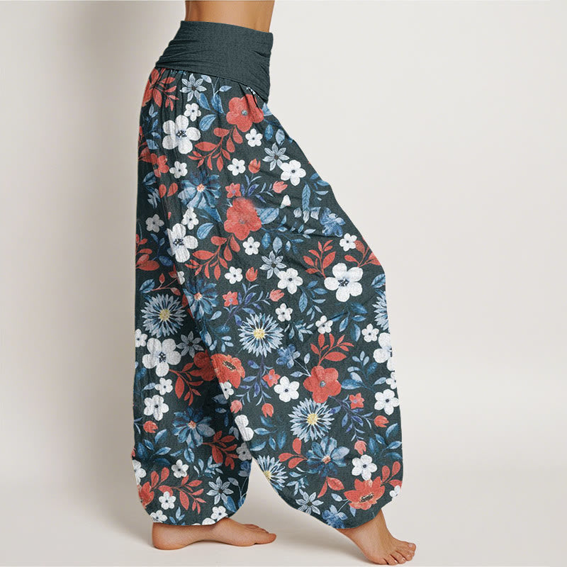 Casual Red White Flower Dandelion Design Women's Elastic Waist Harem Pants