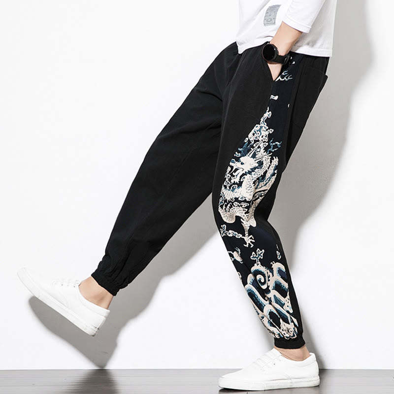 Summer Dragon Waves Cotton Men's Pants With Pockets