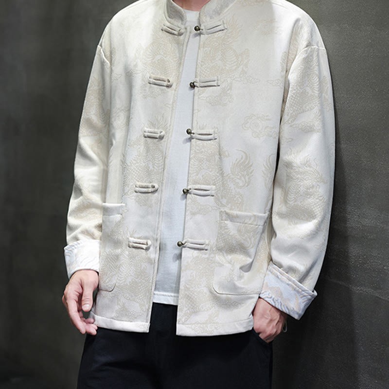 Chinese New Year Kirin Print Frog-button Tang Suit Men's Jacket Shirt With Pockets