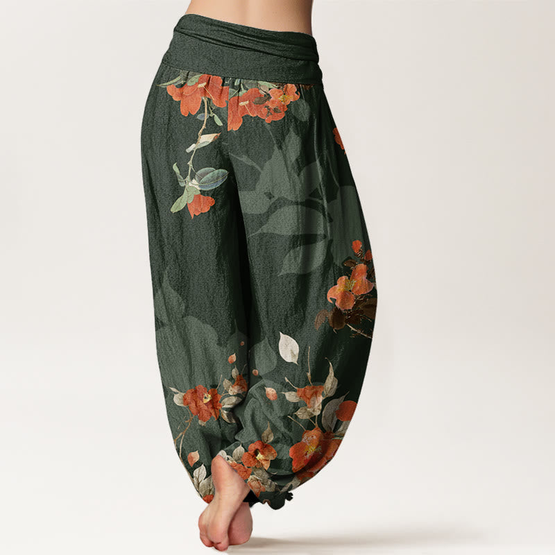 Red Flowers Green Leaves Bird Women's Elastic Waist Harem Pants