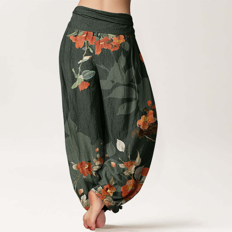 Red Flowers Green Leaves Bird Women's Elastic Waist Harem Pants