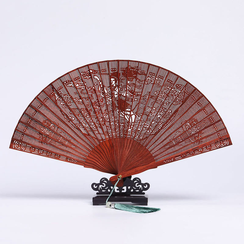 Crane Peacock Chang'e Moon Engraved Pattern Handheld Small Leaf Red Sandalwood Folding Fan