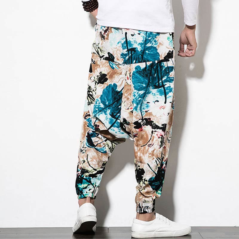 Flowers Leaves Brown Blue Painting Print Cotton Men's Long Cropped Harem Pants With Pockets
