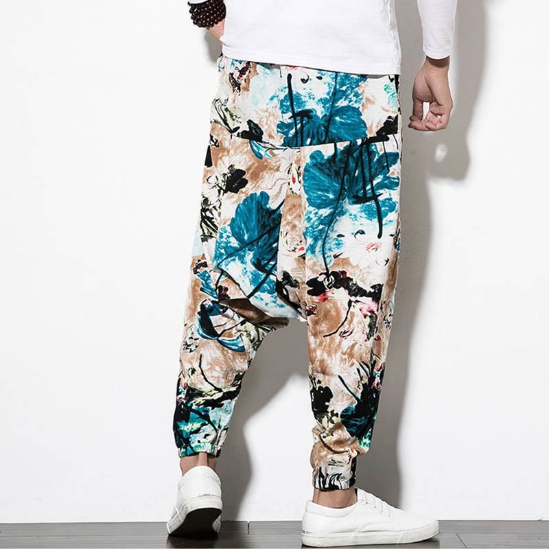 Flowers Leaves Brown Blue Painting Print Cotton Men's Long Cropped Harem Pants With Pockets