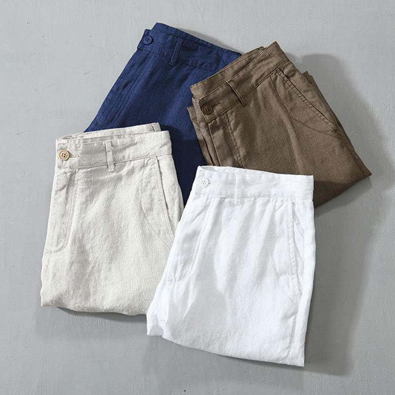 Solid Color Drawstring Cropped Linen Men's Shorts With Pockets