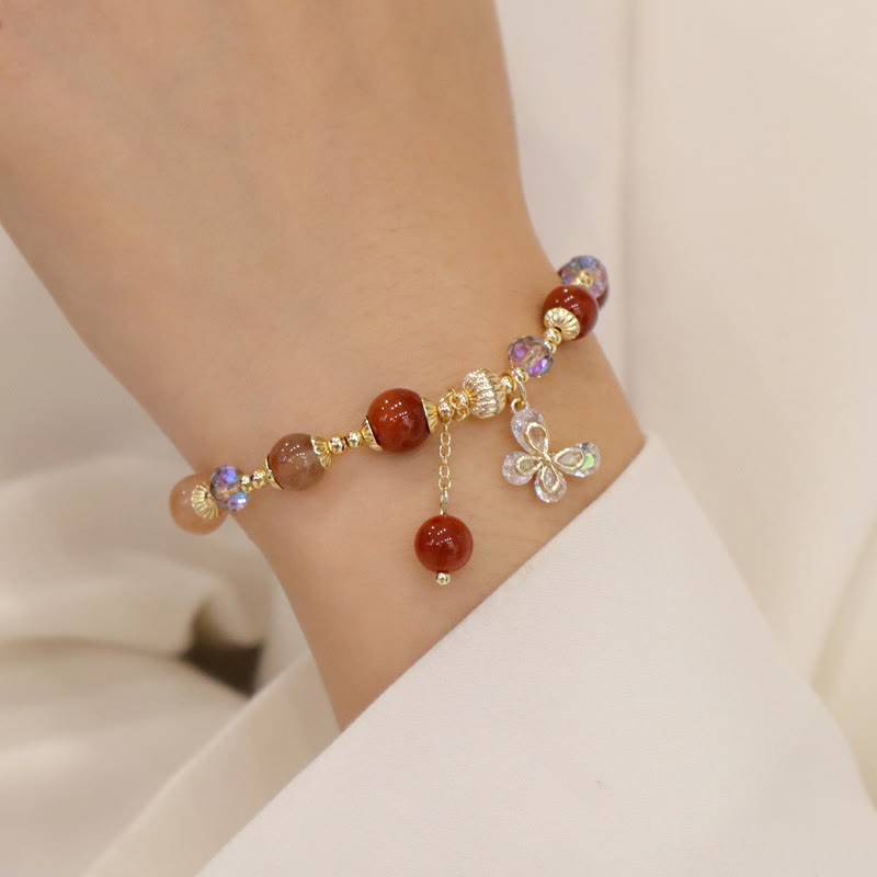 Natural Fu Lu Shou Rainbow Crystal Rutilated Quartz Wealth Butterfly Charm Bracelet