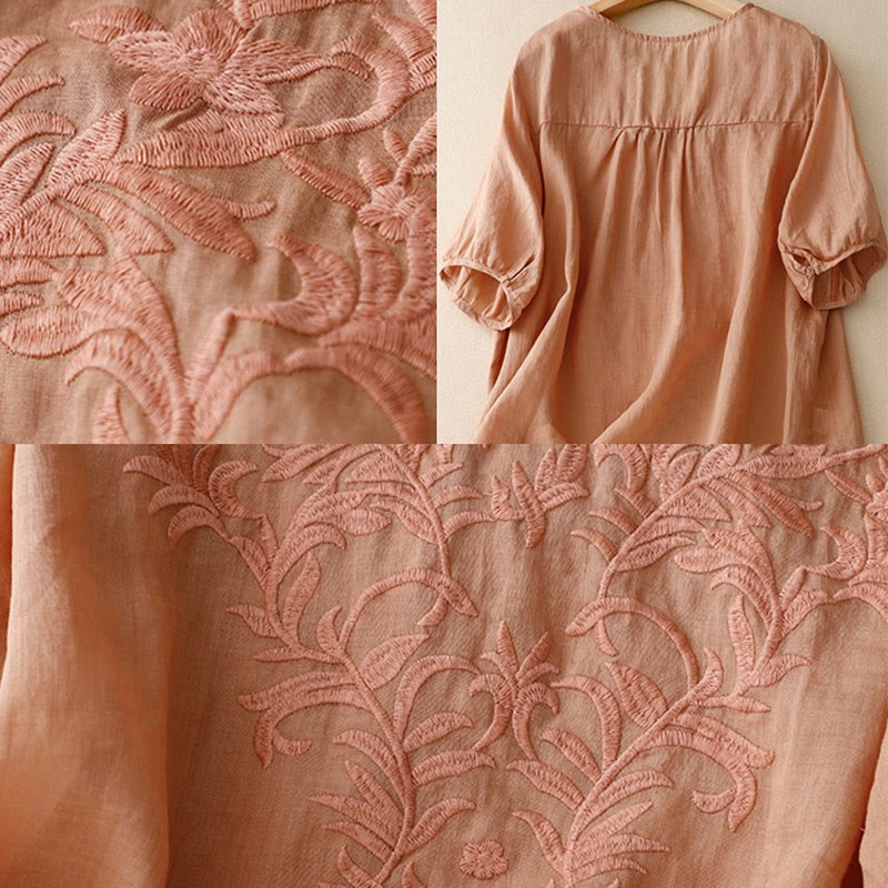 Vintage Casual Pure Leaf Embroidery V-Neck Half Sleeve Cotton Linen Women's T-Shirt