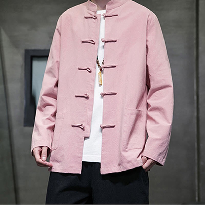 Solid Color Frog-button Tang Suit Cotton Linen Men's Jacket Shirt With Pockets