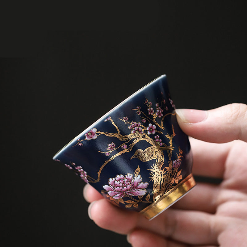 Golden Magpie Peony Flower Ceramic Teacup Kung Fu Tea Cup