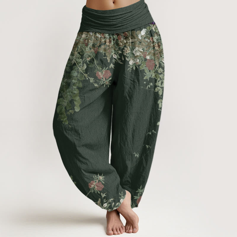 Casual Red Peony Flower Vine Design Women's Elastic Waist Harem Pants