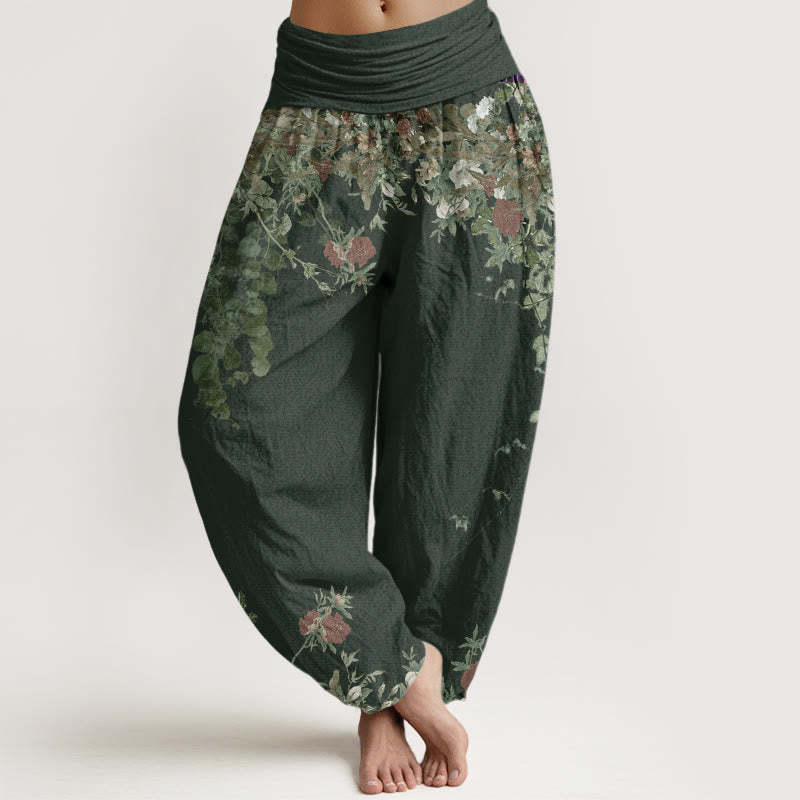 Casual Red Peony Flower Vine Design Women's Elastic Waist Harem Pants