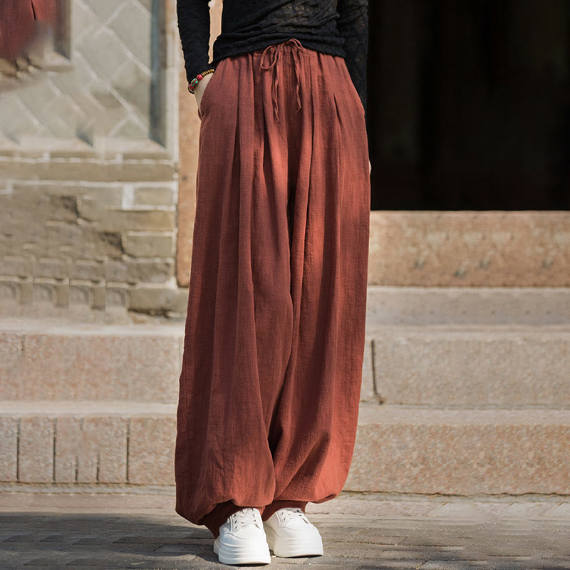 Casual Plain Loose Waist Tie Rope Women's Ramie Cotton Pants With Pockets