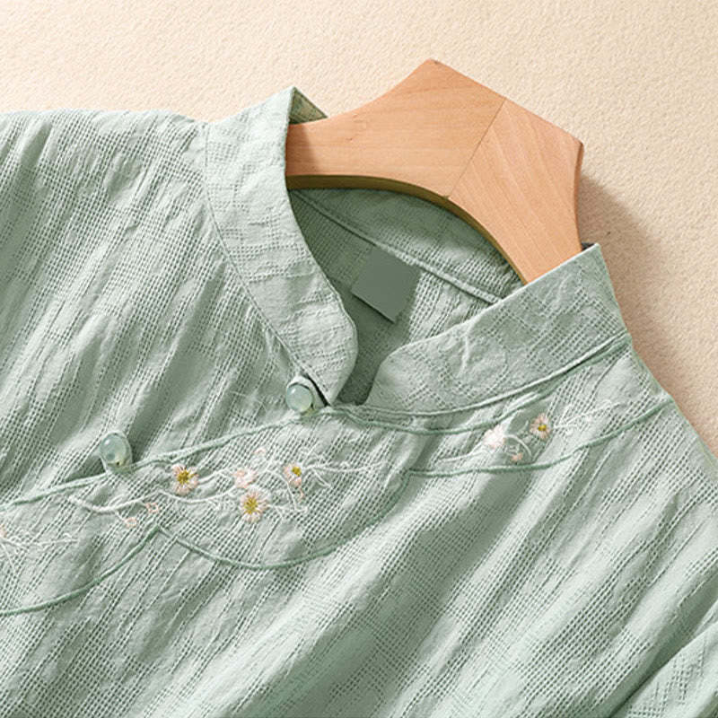 Plum Blossom Embroidery Frog-Button Short Sleeve Cotton Linen Shirt