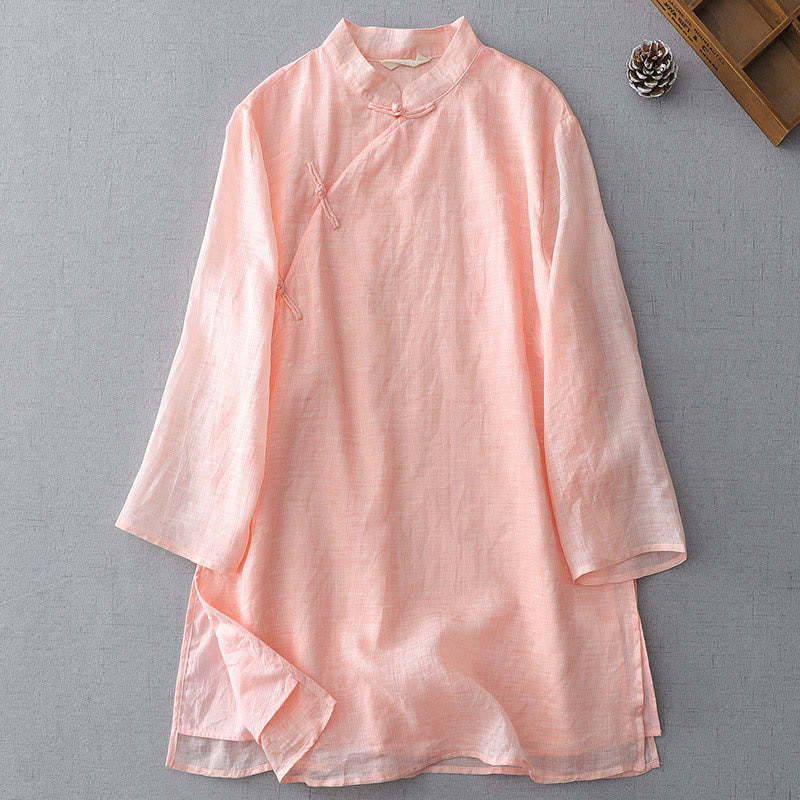 Solid Color Frog-Button Three Quarter Sleeve Double Layer Cotton Linen Shirt