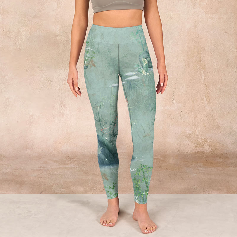 Green Bamboo Rocks Print Sports Fitness Leggings Women's Yoga Pants