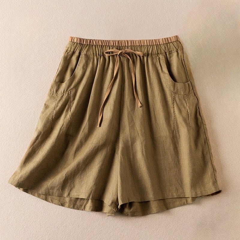 Wild Simple Design Embroidery Drawstring Cotton Linen Women's Shorts With Pockets