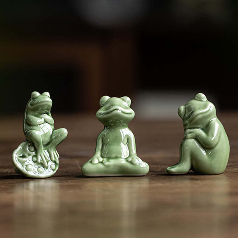 Mini Small Meditation Lotus Resting Frog Ceramic Wealth Luck Home Tea Pet Figurine Decoration