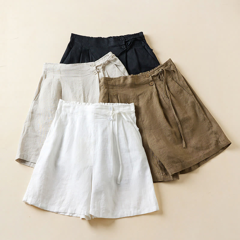 Solid Color Two Buttons Lace-up Cotton Linen Women's Shorts With Pockets