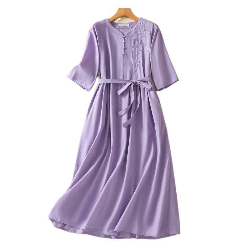Summer Orchid Embroidery Lace-Up V-Neck Half Sleeve Cotton Linen Midi Dress With Pockets