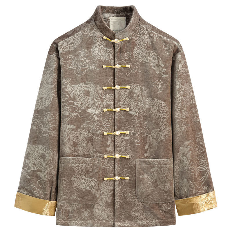 Chinese New Year Dragon Auspicious Clouds Frog-button Tang Suit Men's Jacket Shirt With Pockets