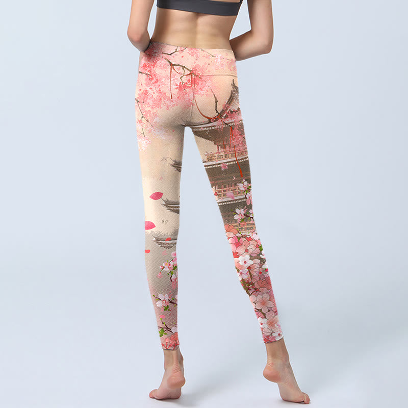 Pink Sakura Antique Building Print Fitness Leggings Women's Yoga Pants