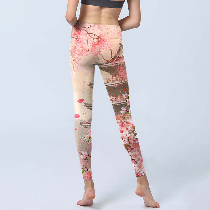 Pink Sakura Antique Building Print Fitness Leggings Women's Yoga Pants