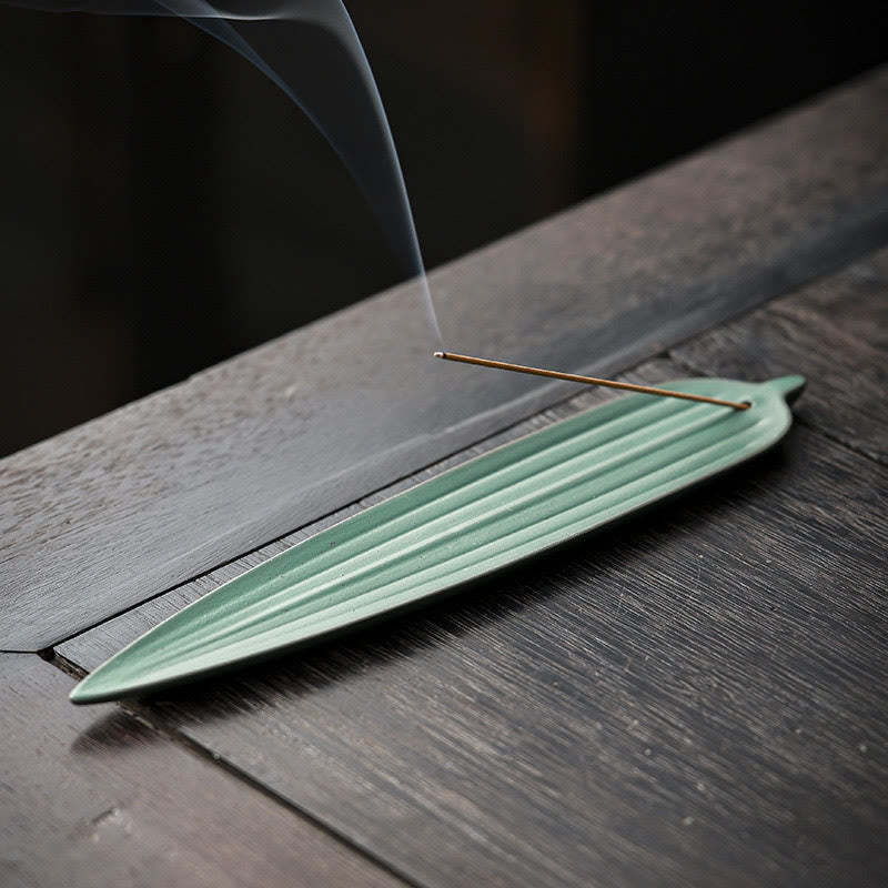 Green Bamboo Leaf Healing Ceramic Incense Burner Decoration