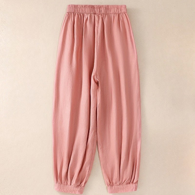 Pure Color Drawstring Frog-Button Cotton Linen Women's Harem Pants With Pockets