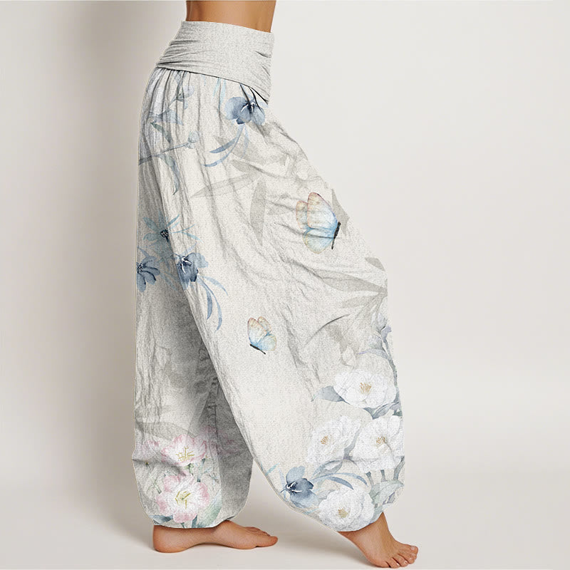 Cherry Blossoms?Hibiscus Butterfly Women's Elastic Waist Harem Pants
