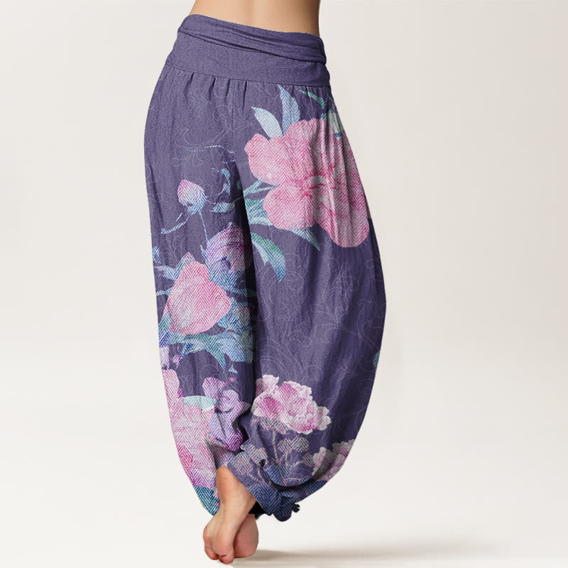 Casual Bright Peony Flower Grass Women's Elastic Waist Harem Pants