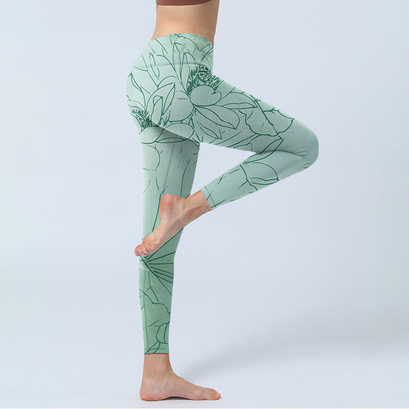 Green Lotus Flower Print Sports Leggings Women's Yoga Pants