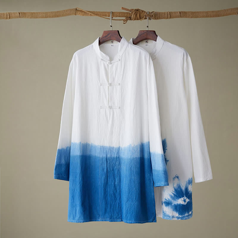 Men's Frog-Button Chinese Tang Suit Tie Dye Gradient Flowers Shirt Cotton Linen Clothing