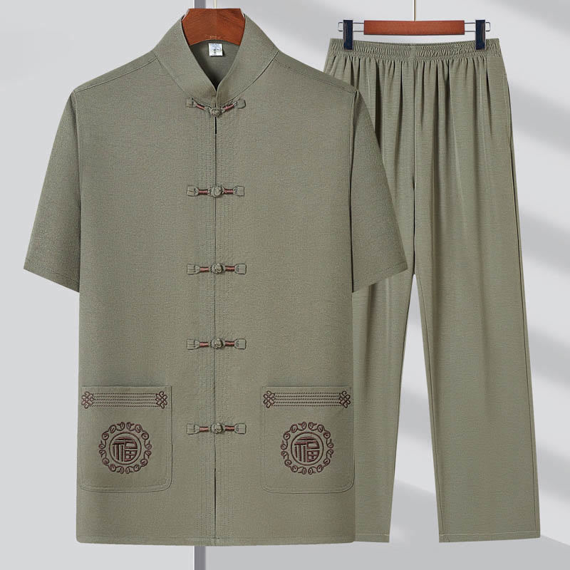 Fu Character Embroidery Tang Suit Traditional Frog-Button Short Sleeve Top Pants Clothing Men's Set