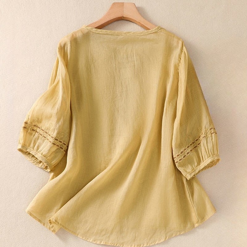 Artistic Plain Floral Embroidered Design Crew Neck Puff Half Sleeve Cotton Linen Women's T-Shirt