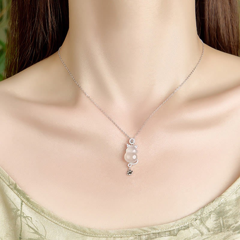 925 Sterling Silver 14k Gold White Jade Gourd Cat Protection Necklace Pendant