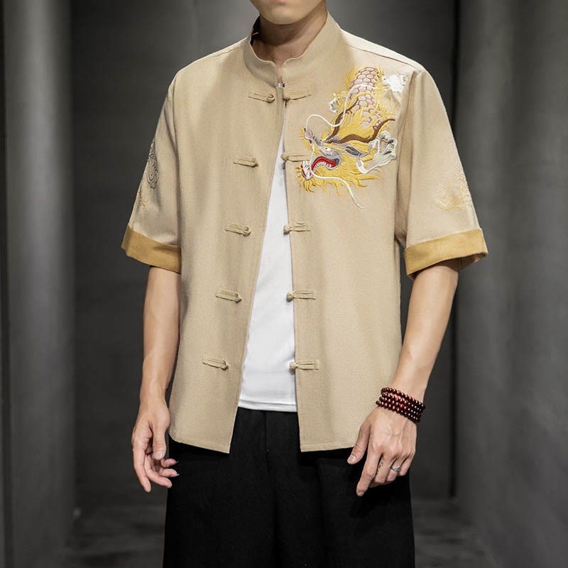 Frog-Button Chinese Dragon Auspicious Cloud Embroidery Half Sleeve Shirt Cotton Linen Men Clothing