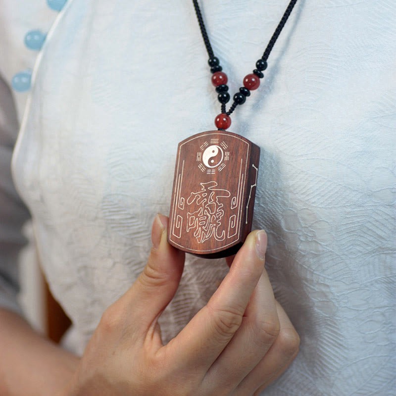 999 Sterling Silver Ebony Wood Red Sandalwood Yin Yang Bagua Balance Necklace Pendant