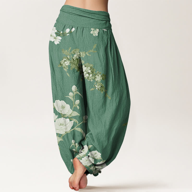 Blooming And Budding Flowers With Leaves Pattern Women's Elastic Waist Harem Pants